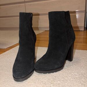 Black Suede Block Heel Ankle Boots - Women
